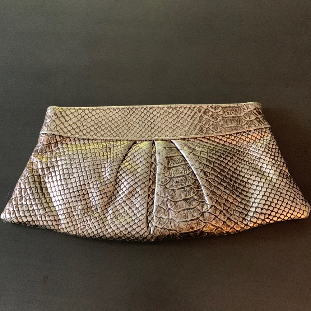Like New Lauren Merkin Metallic Gold Print Louise Clutch